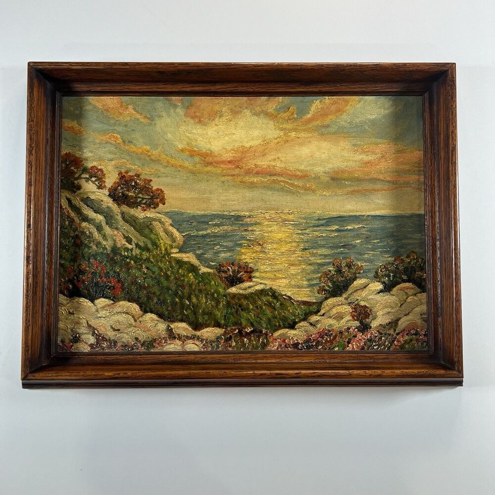 Sunset Coastline Oil Painting With‎ Antique Patina. Floral Seaside Landscape